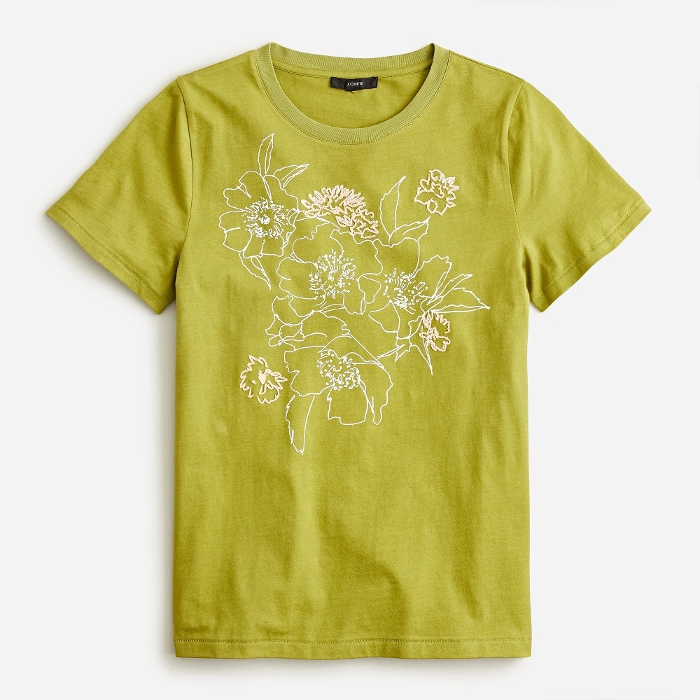 NWT J. CREW Embroidered floral T-shirt in Mossy Grove